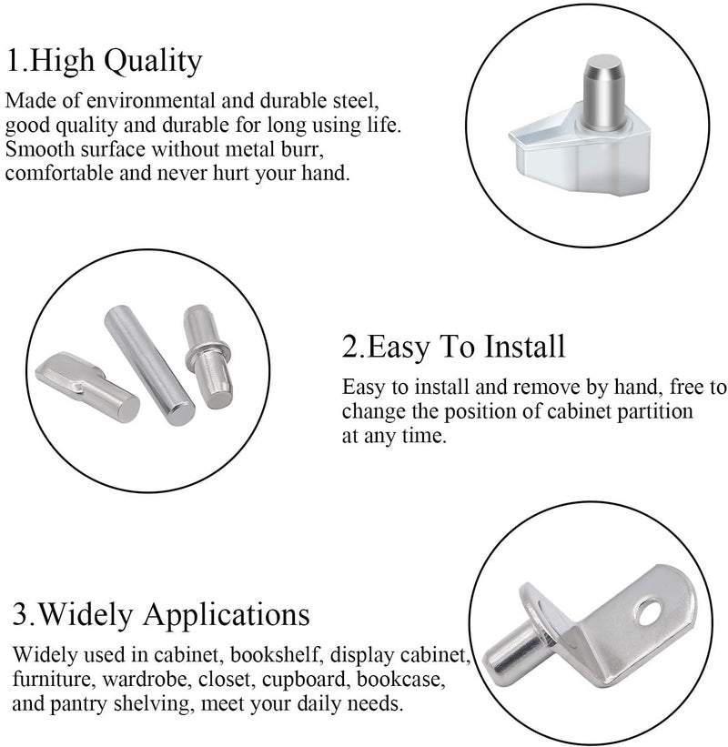 DYWISHKEY 5 Styles Shelf Pins Kit, Nickel Plated Shelf Bracket Pegs Cabinet Furniture Shelf Pins Support for Shelf Holes on Cabinets, Bookshelf, Garden Shelf, Table and Chair Corner, 100PCS - Image 4